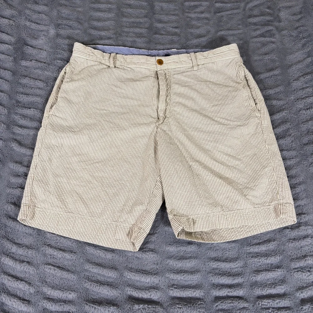 J.Crew Mens 36 Stanton Shorts Beige White Seersucker Striped Cotton AR461